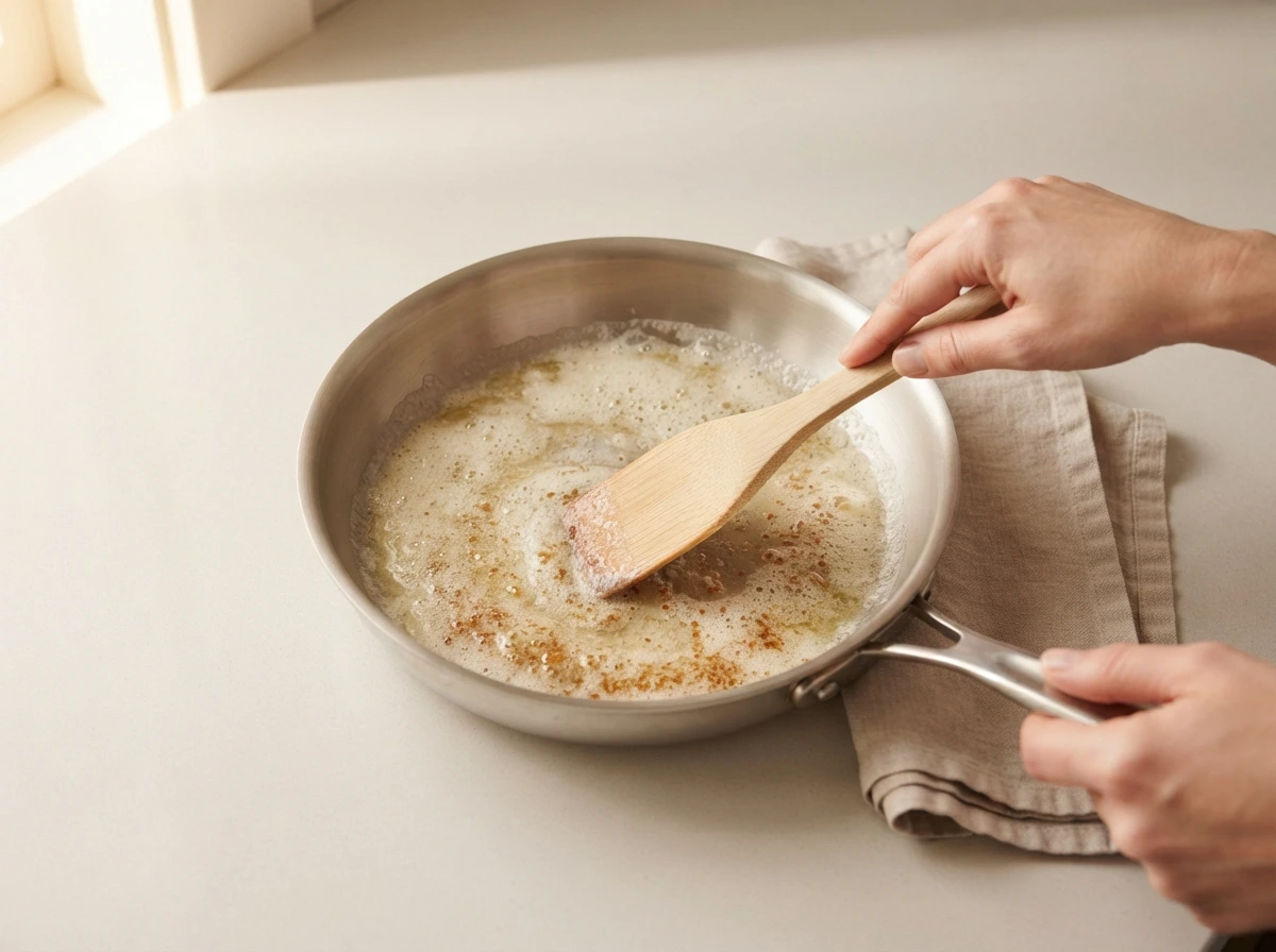 Hands stirring butter as it browns in a pan, golden with dark flecks.
