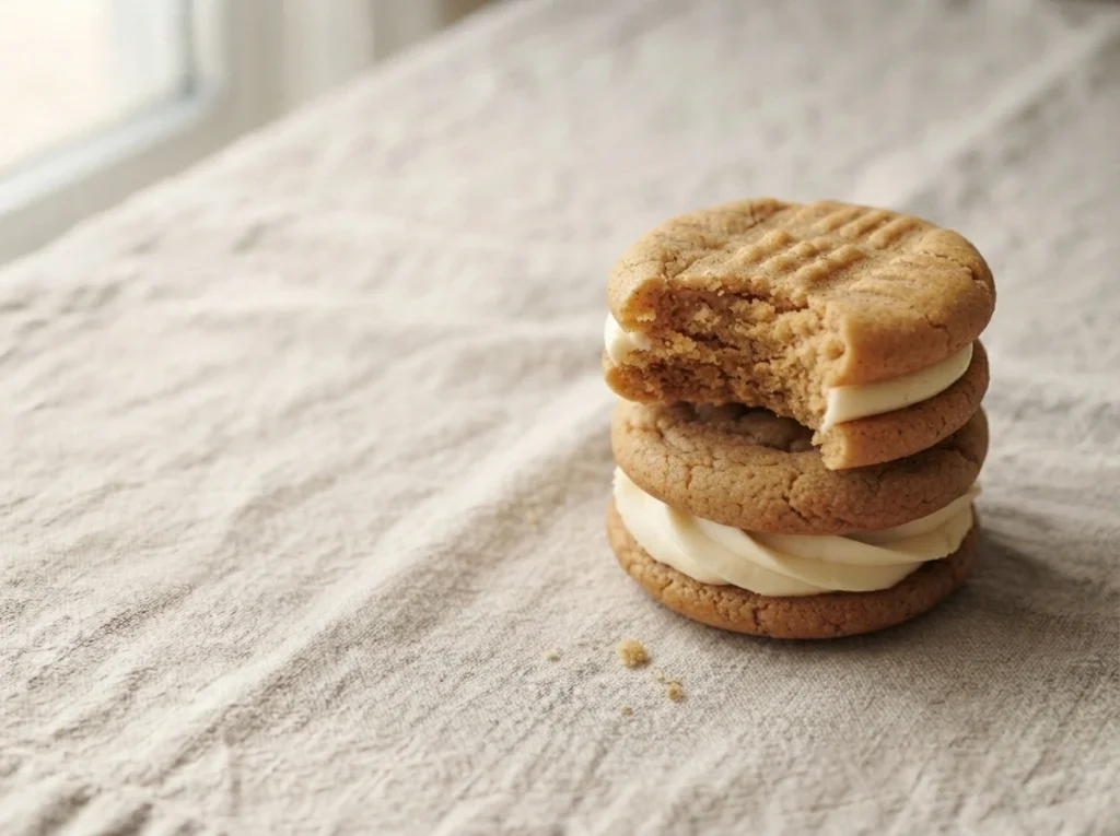 Campfire Story cookie sandwich stack: peanut butter ginger cookies with orange buttercream on oat linen.