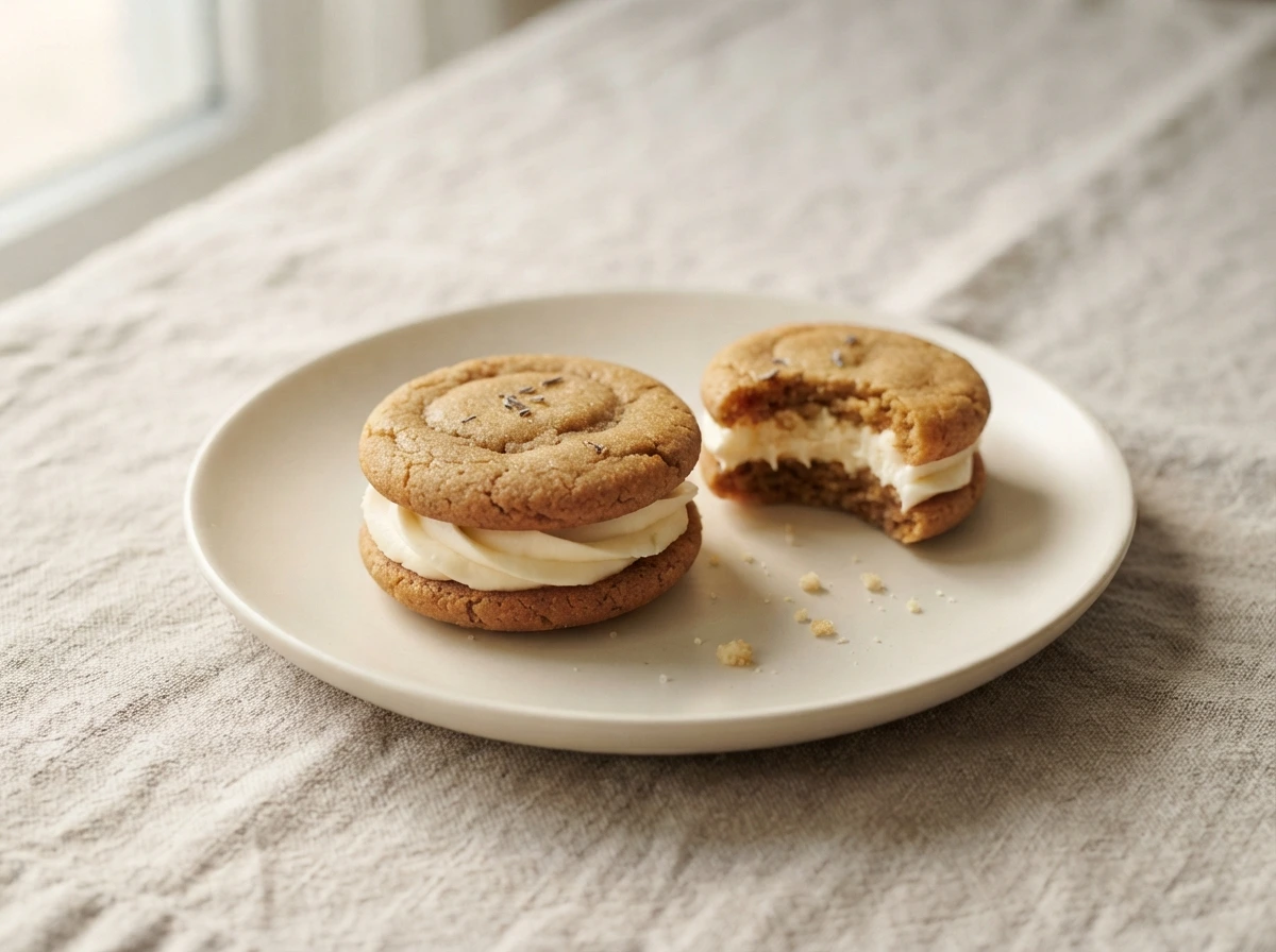 Evening Road cookie sandwich: two golden brown butter lavender cookies with vanilla buttercream on a cream plate.