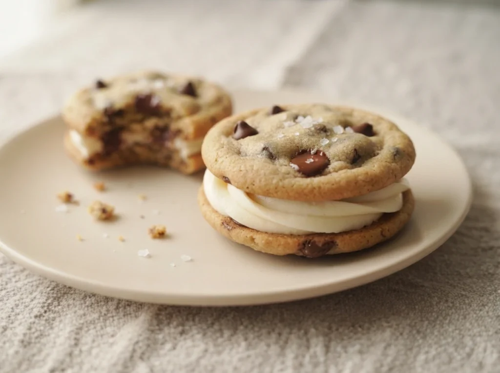 Salted Stars cookie sandwich: chocolate chip cookies topped with flaky salt and vanilla buttercream, close up.