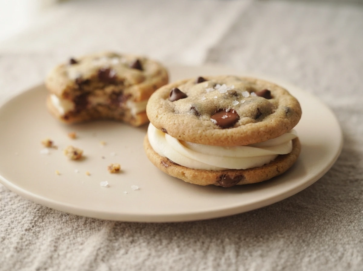 Salted Stars cookie sandwich: chocolate chip cookies topped with flaky salt and vanilla buttercream, close up.