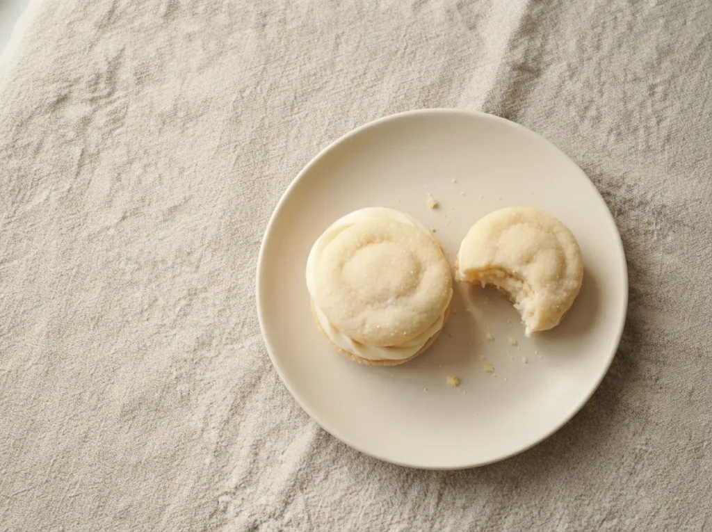 Sunburst cookie sandwich: two pale lemon zest sugar cookies with ivory buttercream, shown from above on oat linen.
