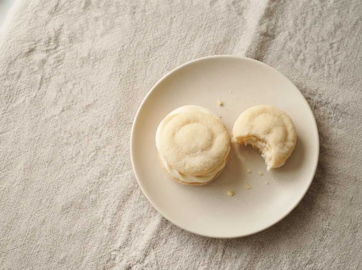 Sunburst cookie sandwich: two pale lemon zest sugar cookies with ivory buttercream, shown from above on oat linen.